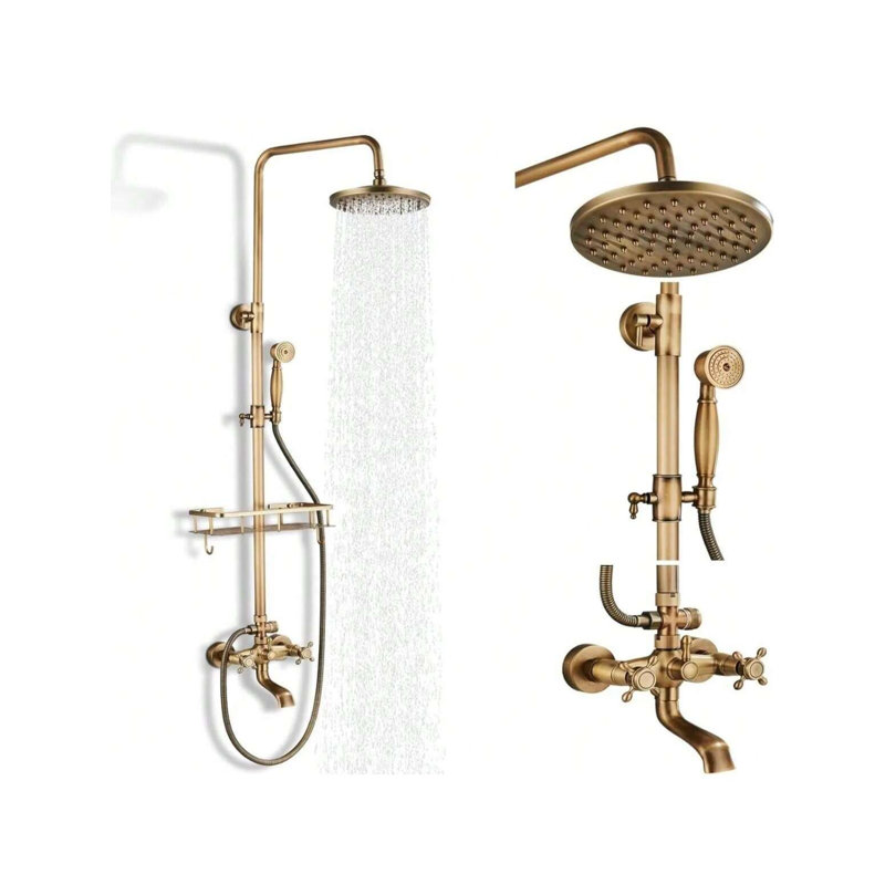 Système de douche mural apparent en laiton antique, robinet mitigeur de douche/baignoire vintage à double poignée en croix avec pommeau de douche effet pluie en laiton de 20 cm, douchette à main et tablette de douche.