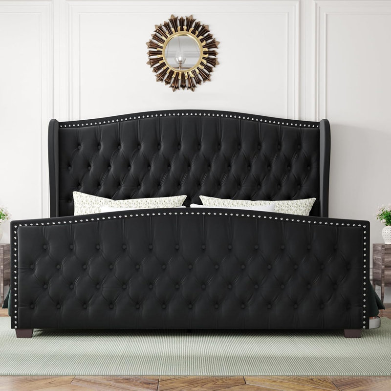 Platform Bed Frame With Wingback Headboard, Black, California King