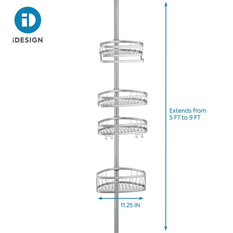 Silver Metal Tension Rod Corner Shower Caddy with Adjustable Baskets