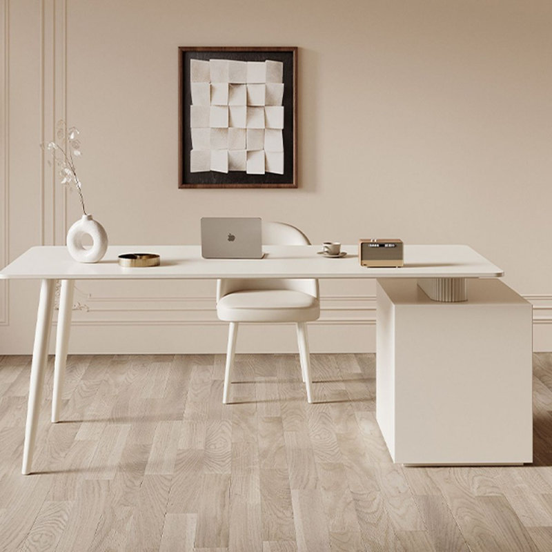 Bureau blanc rectangulaire en bois manufacturé avec 3 tiroirs, Retour à gauche, H 29,53 po x l 55,12 po x P 31,5 po