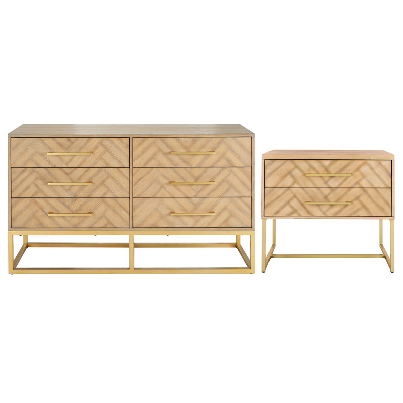 Sheldon 2 Piece Bedroom Set, Rustic Oak/Brass