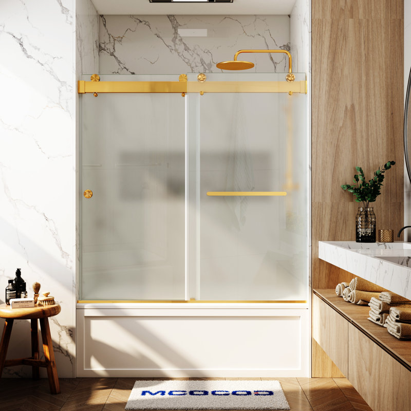 Porte de baignoire à double fermeture coulissante sans cadre avec verre givré de 3/8 po (10 mm) Opal Mirage MCOCOD l 56-61 "x H 66"