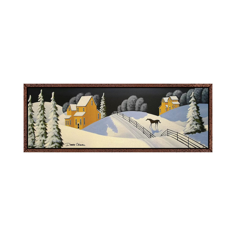 Lovely Country Winter by Debbie Criswell - Panoramic Painting on Canvas, 30.48 cm H x 91.44 cm W, Classic Brown Wood Framed