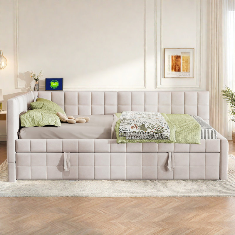Upholstered L-shaped Daybed With Pop Up Trundle, Usb Ports And Square-block Pattern, Beige