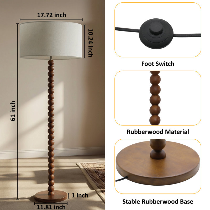 61" Retro Walnut Rubberwood Floor Lamp with Sculptural Stacked Sphere Base and Cream Linen Drum Shade, cULus Certified for Living Room Side Tables, Bedroom Corners, Home Offices or Study Rooms