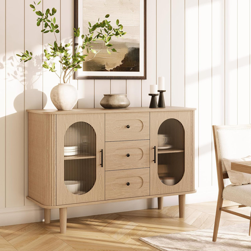 47" Mid-Century Sideboard w/ Fluted Glass Doors & 3 Drawers - Adjustable Shelves, Credenza Storage for Kitchen/Dining, Beige
