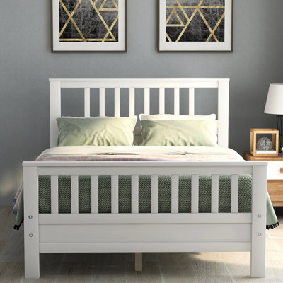 Lit plateforme double en bois blanc, tête de lit à panneaux, lattes solides, pieds de soutien centraux, surface de couchage fiable de 42 po de hauteur, hauteur de 26,3 po, supports