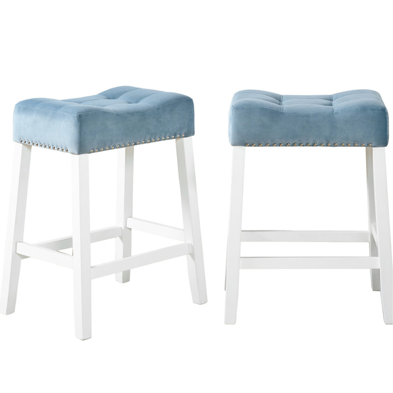 2 Velvet Counter Height Stools, Saddle Seat , Blue Hue, White-wash Of With Seat, Attraction