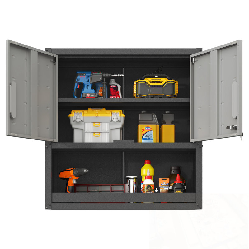 Wall Mounted Metal Storage Cabinet With Locking Door And Opened Shelf