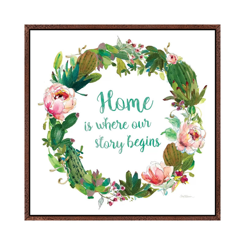 Home Cactus Wreath by Carol Robinson - Print on Canvas, 66.04 cm H x 66.04 cm W, Classic Brown Wood Framed