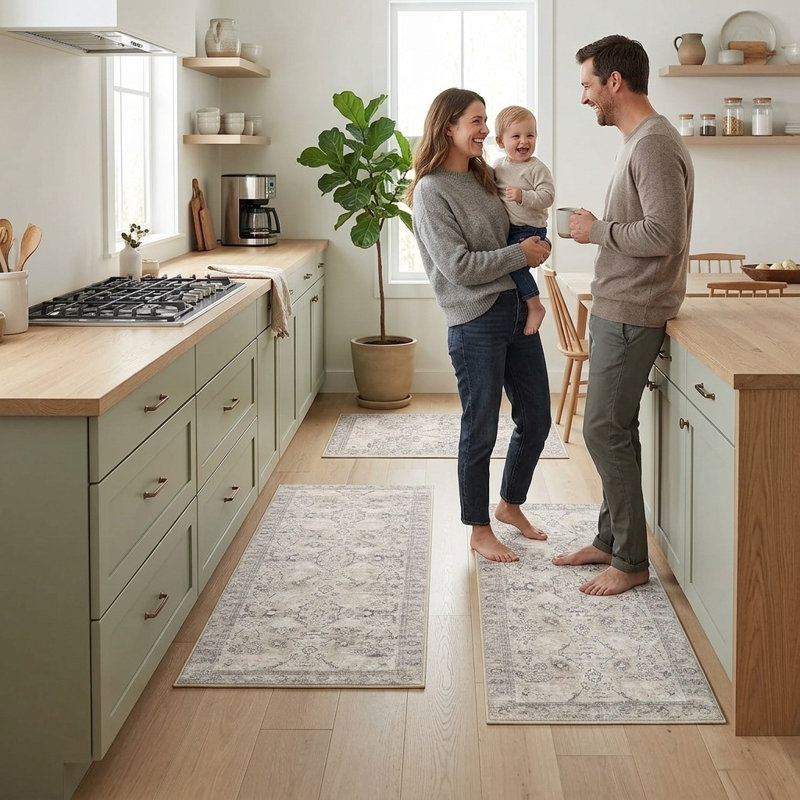 Ensemble de 3 tapis de cuisine anti-fatigue Boho avec fausse laine lavable antidérapante