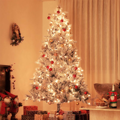 7.5 ft Pre-Lit Snow Flocked Christmas Tree with 500 Clear Lights and 1530 Tips, Ideal for Festive Home and Office Decor