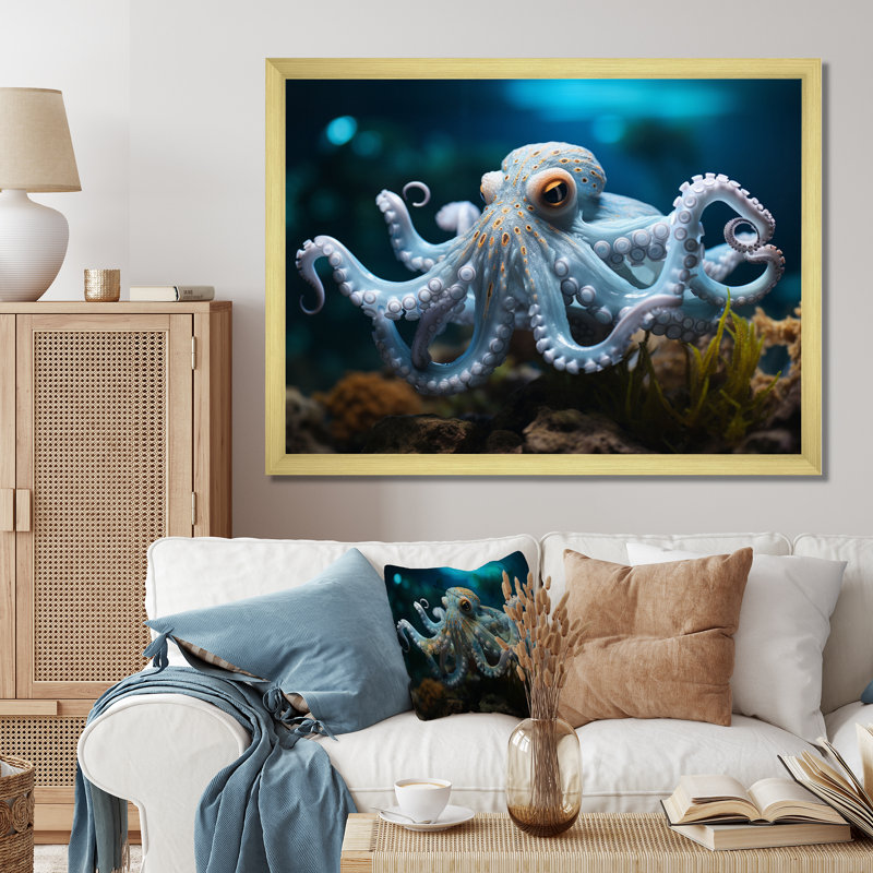 Blue Octopus Serene submersion - impression, Cadre doré simple, H 30 po x l 40 po x P 1,5 po