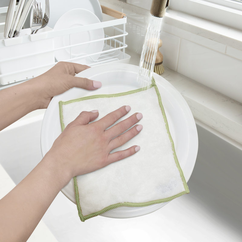Ensemble de 6 linges de cuisine unis, Blanc / vert