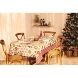 Aavah Christmas Holiday Tablecloth in Cream and Red Color Printed with Ornaments and Snowflakes