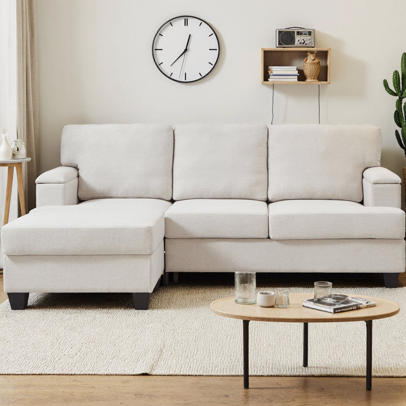 Canapé modulaire en L 86 po avec repose-pieds mobile et rangement avec accoudoirs, canapé rembourré en lin à 3 places avec coussins épais pour le salon, l’appartement