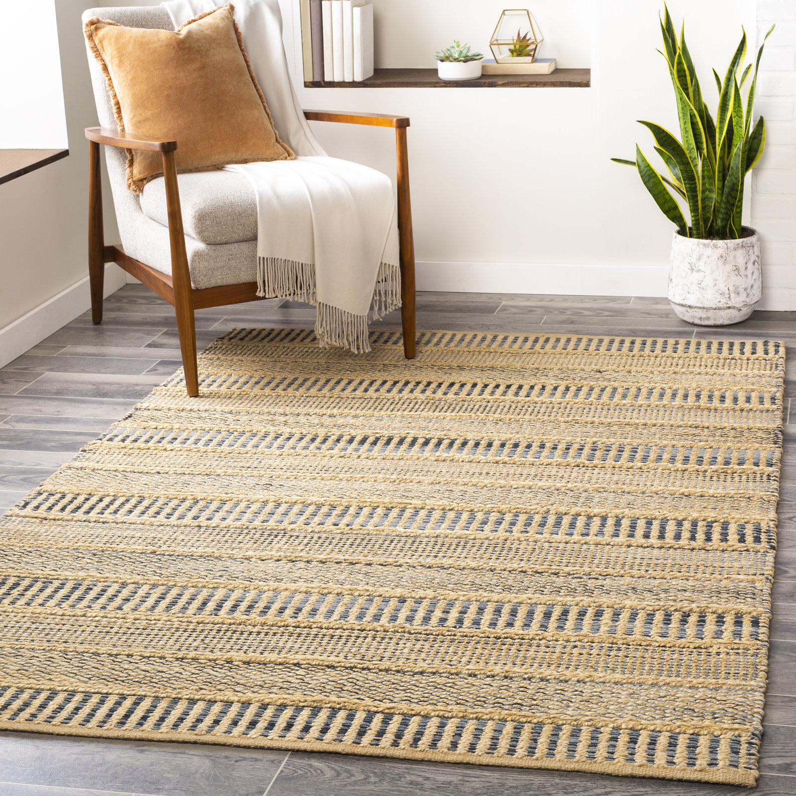Mulaney Denim Cream Hand-Woven Geometric Jute Rug, Rectangle 5' x 8'