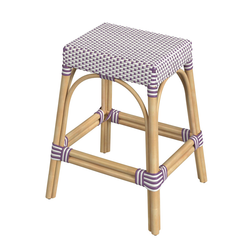 Tabouret de comptoir / de bar Lennart, Blanc / mauve / cadre en rotin naturel