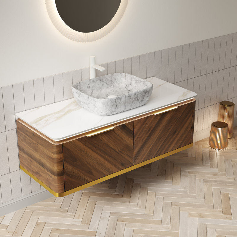Meuble-lavabo et lavabo pour salle de bain 48 po Dipa, armoire de rangement en contreplaqué flottant, tiroirs avec poignée et capteur de lumière, vasque en céramique à motif marbré et plateau en pierre frittée, pré-assemblé, couleur grain de bois noyer foncé 