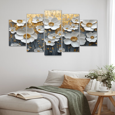 Fleurs blanches et dorées, fleurs sauvages V - Art mural fleurs sauvages - ensemble de 5 décorations murales traditionnelles