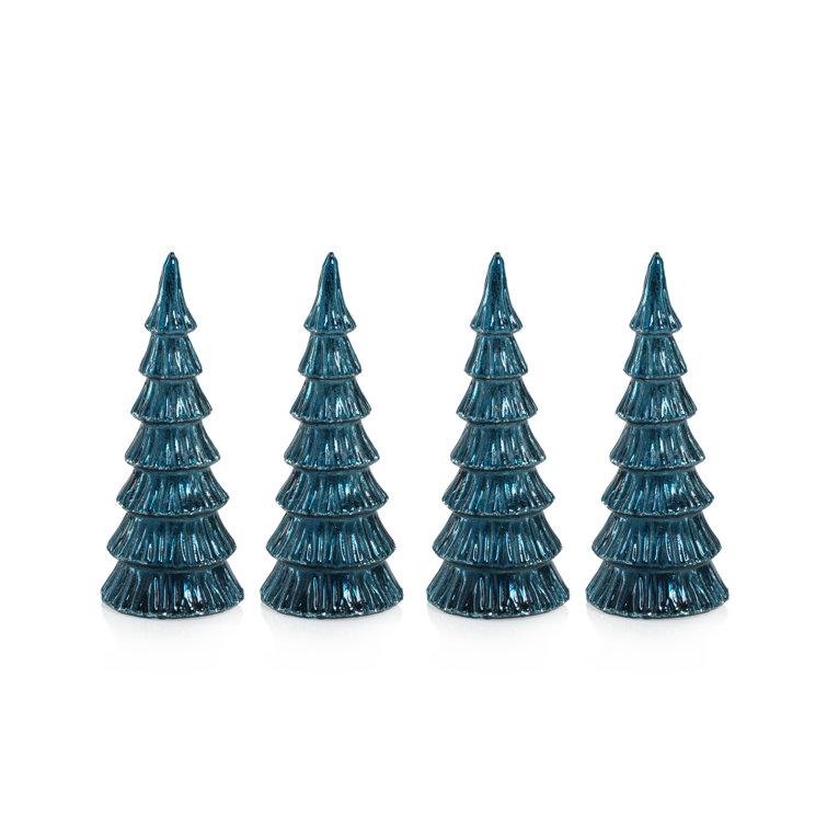 Lucian 8.25" Blue LED Glass Holiday Tabletop Trees, Set of 4