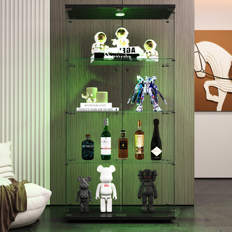 4 Shelves And 2 Doors Glass Display Cabinet With Led Lights, Floor Standing Curio For Living Room, Bedroom, Office, 64.7"x31.7"x14.3", Black - Stylish Storage Collectibles 64.7"x31.7"x14.3"