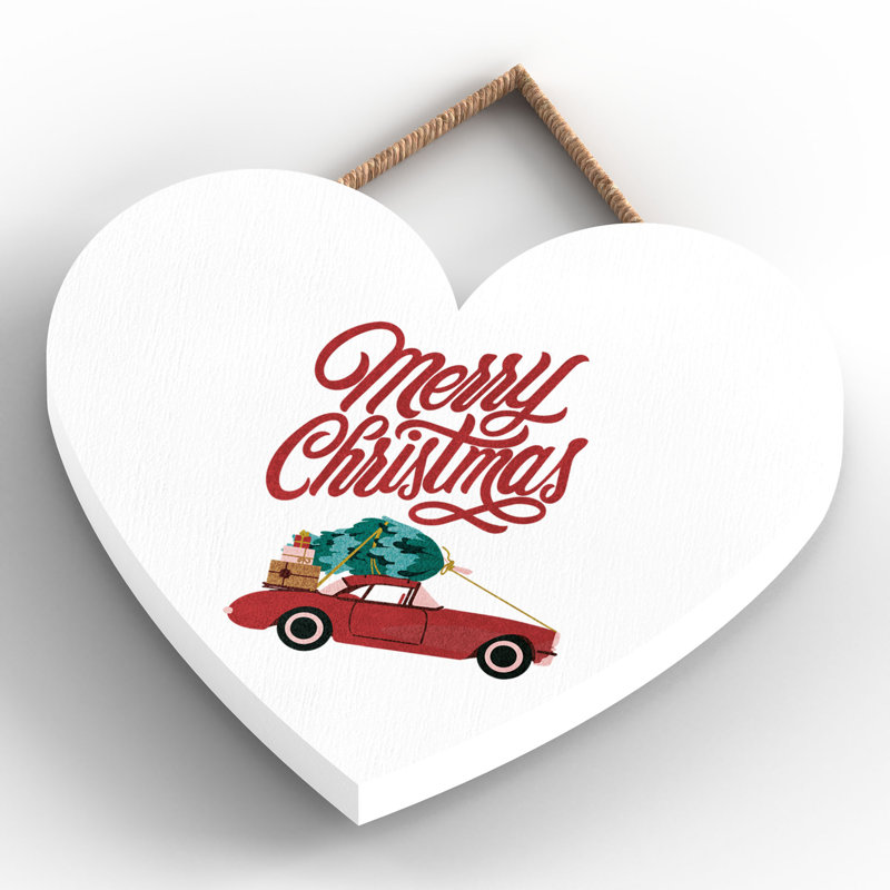 Xmas Merry Christmas Car Wooden Heart Plaque, 10cm H x 9cm W x 0.5cm D