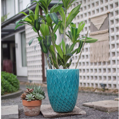 Pot de fleurs en céramique fait à la main de 16,5 pouces, cyan sarcelle avec motif de losanges, argile respirante pour plantes d'intérieur / extérieur