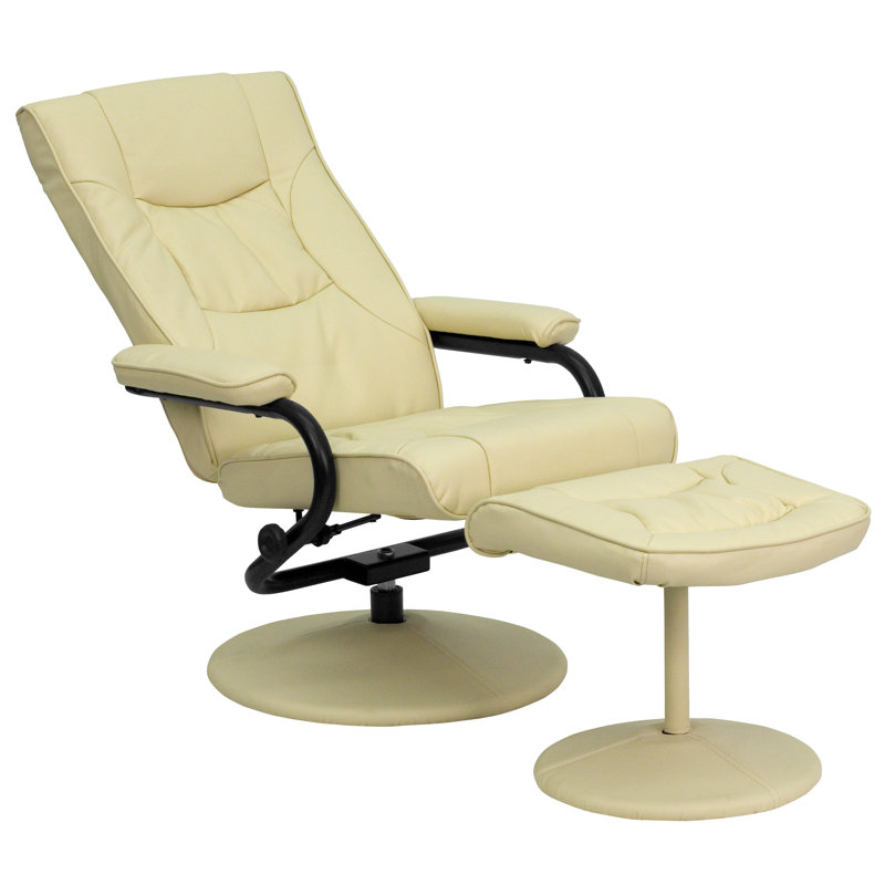 Contemporary Multi-Position Recliner and Ottoman with Wrapped Base, Cream