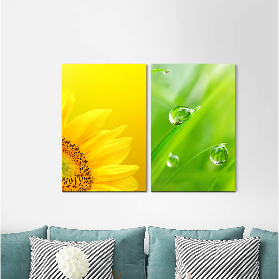 2-tlg. Leinwandbilder-Set - Grafikdruck „Sunflower Yellow Drops Meadow Grass Green”