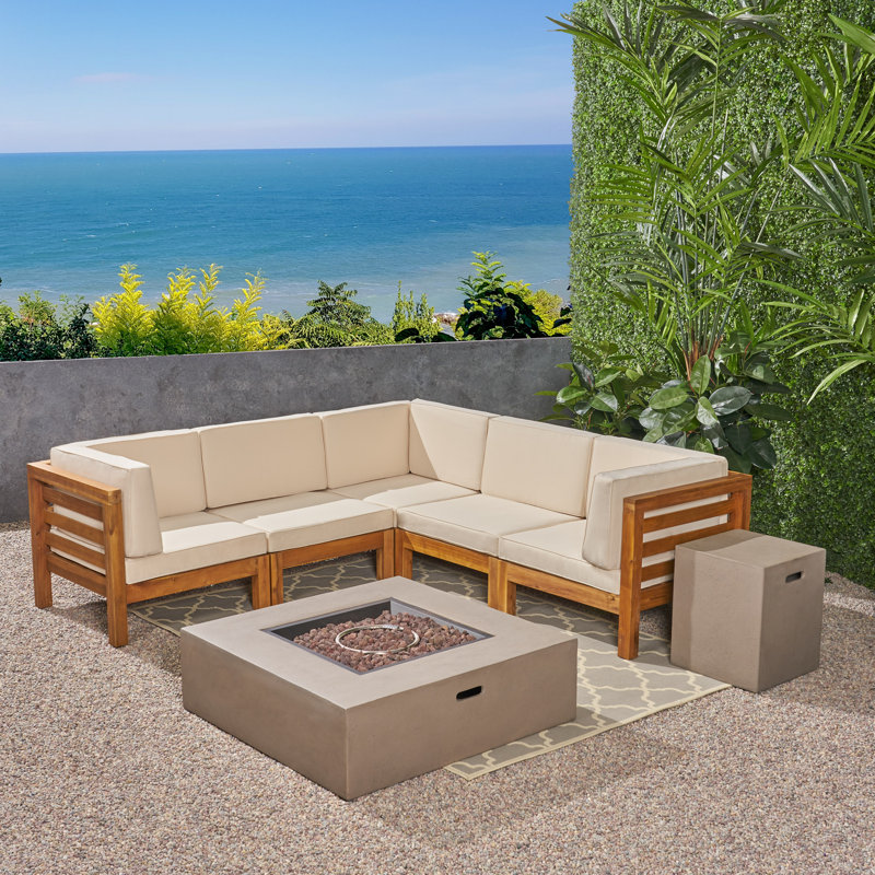 Ajanai 4 - Person Modular Patio Conversation Sets with Cushions, Teak Frame / Beige Cushion
