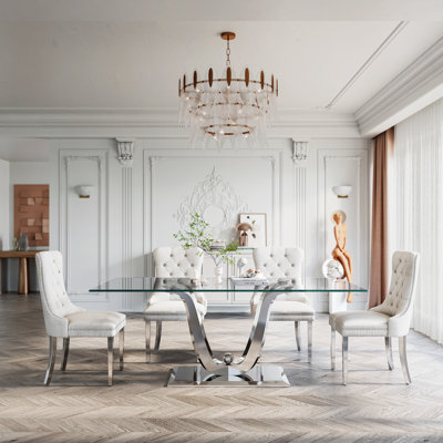 70.08" Rectangular Glass Dining Table With Modern Curved Stainless Steel Base And Velvet Upholstered Nailhead Chairs