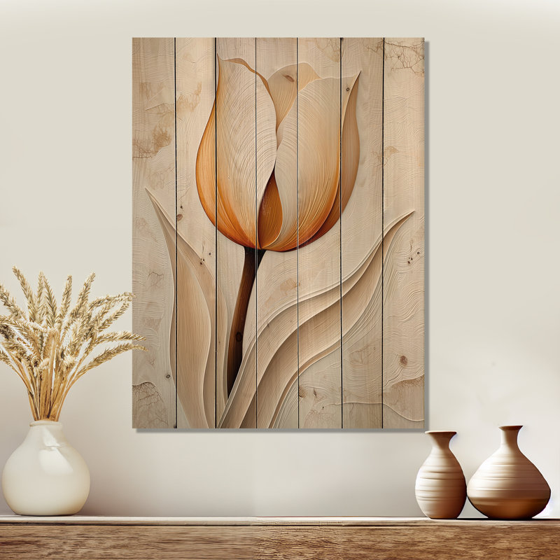 Orange Twilight Tulip Garden - Traditional Wooden Wall Art On Natural Pine Wood, 20" H x 10" W x 0.78" D