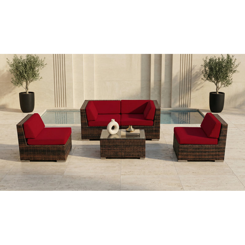 Ensemble de conversation en osier pour 4 personnes avec coussins Billyjo Wicker, Toile Sunbrella® rouge Jockey