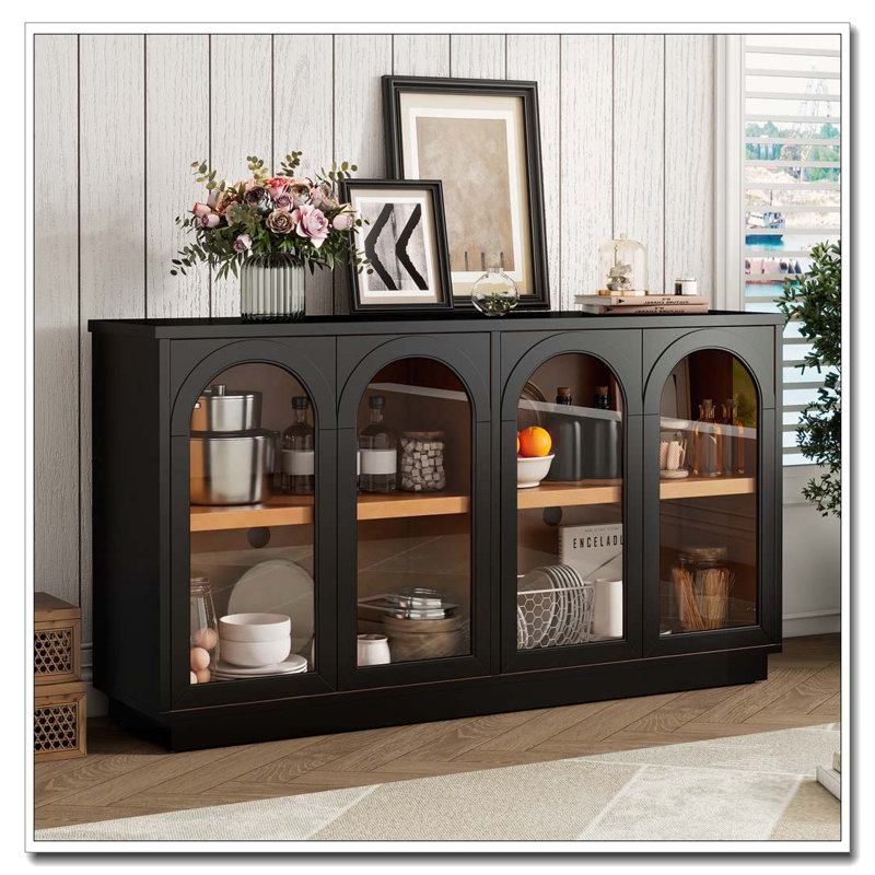Buffet en verre arqué avec tablettes réglables, Noir