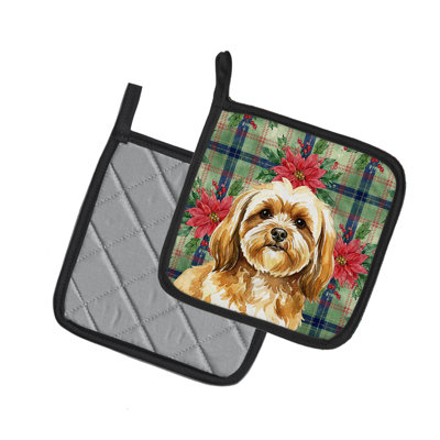 Paire de porte-casseroles dorés Lhasa Apso Christmas Poinsettas