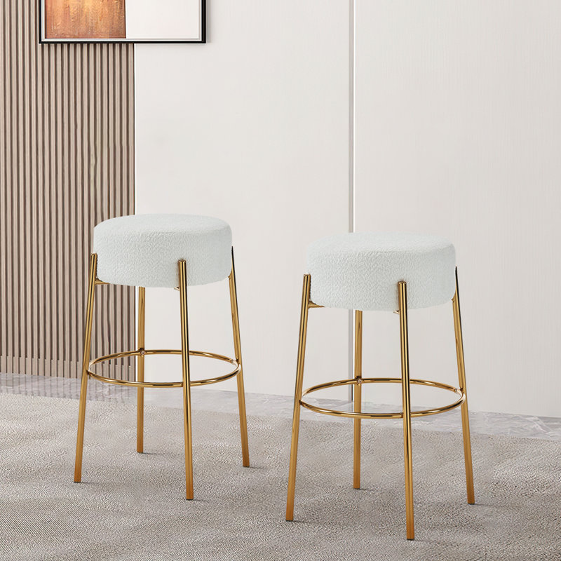 Upholstered Counter Stool with Metal Frame, Gold, White