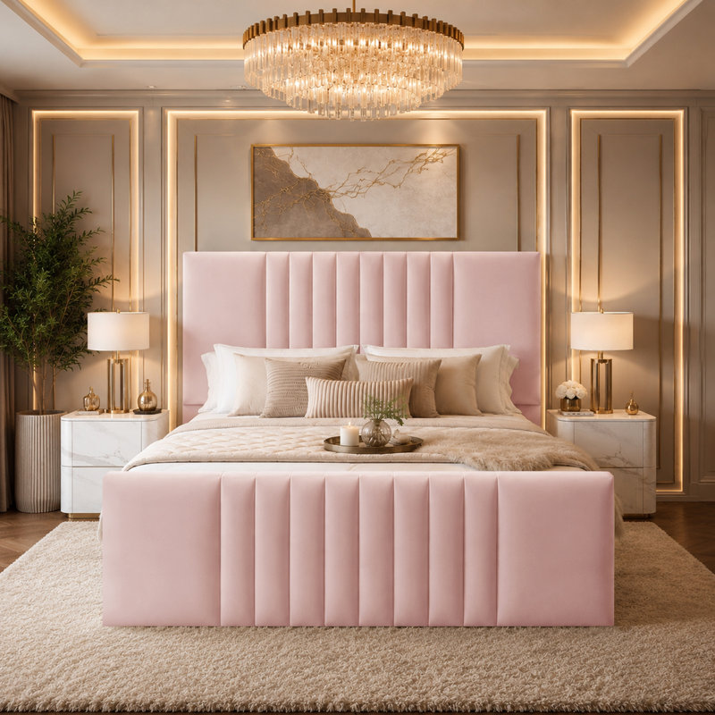 Upholstered Velvet Bed, Small Double (4'), Pink