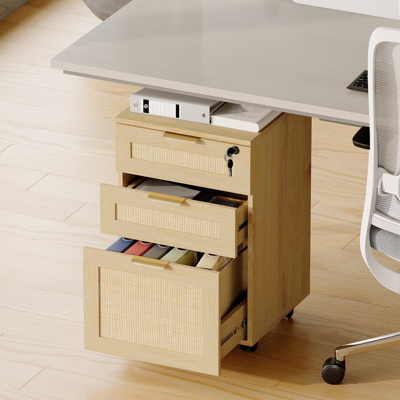 Classeur en rotin 15,75 "avec serrure et 3 tiroirs, Natural Wood