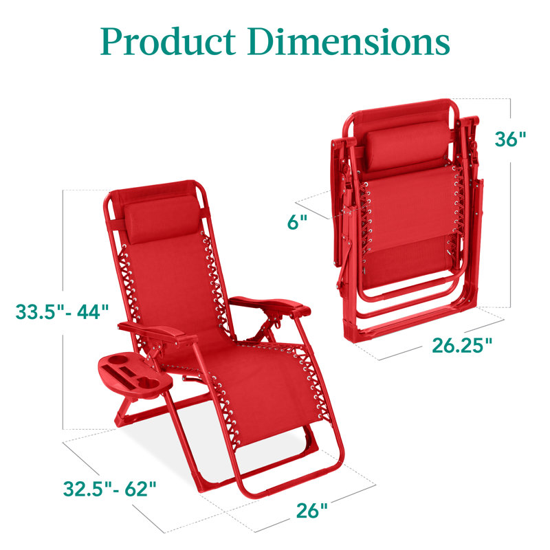 Monochromatic Zero Gravity Chair, Folding Patio Recliner W/Side Tray, Headrest, Chili