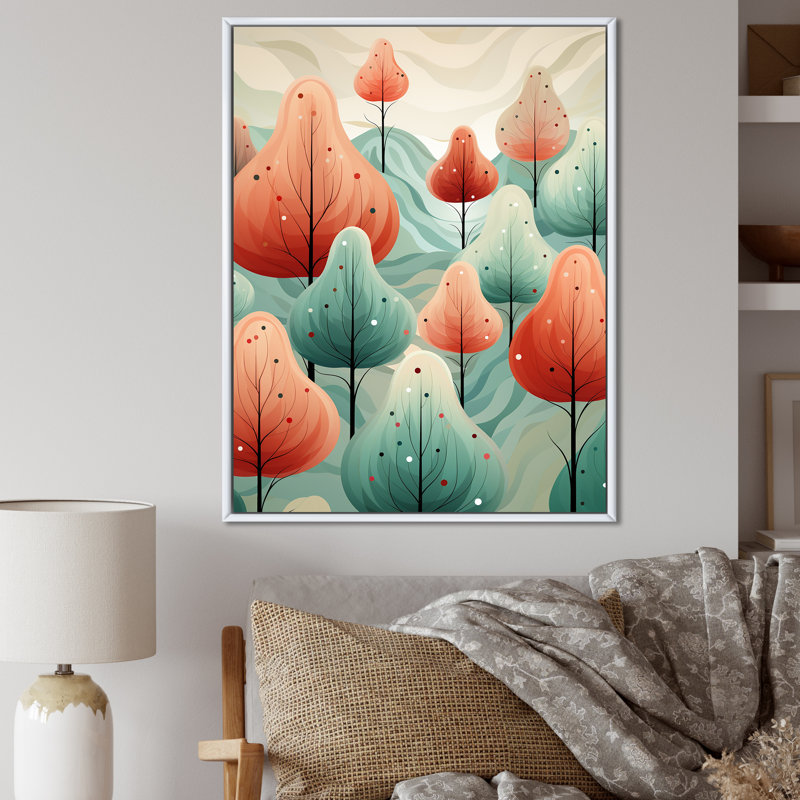 Orange et vert, pin de Noël festif I - forêt, art mural, Cadre flottant blanc, H 32 po x l 16 po x P 1 po