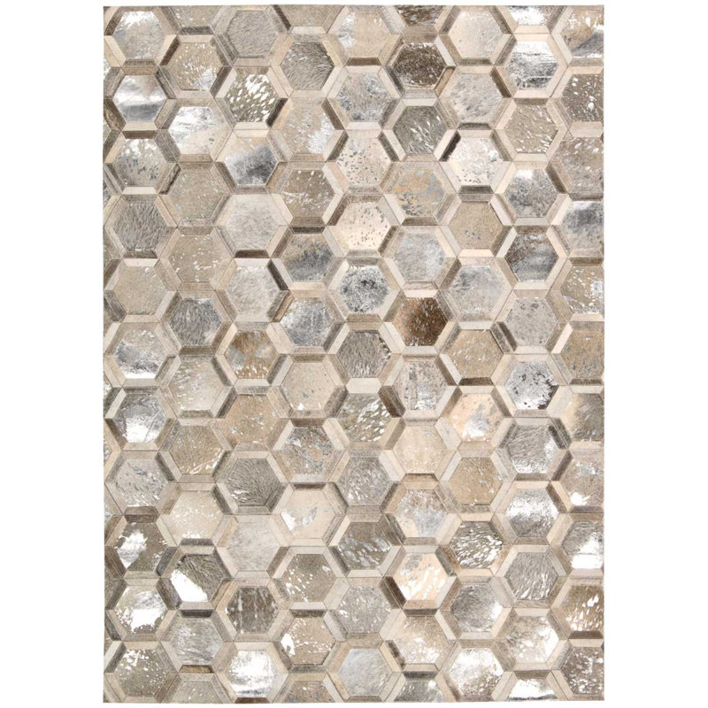 Tonasket Geometric Handwoven Leather Area Rug, Rectangle 8' x 10', Silver/Beige/Gold