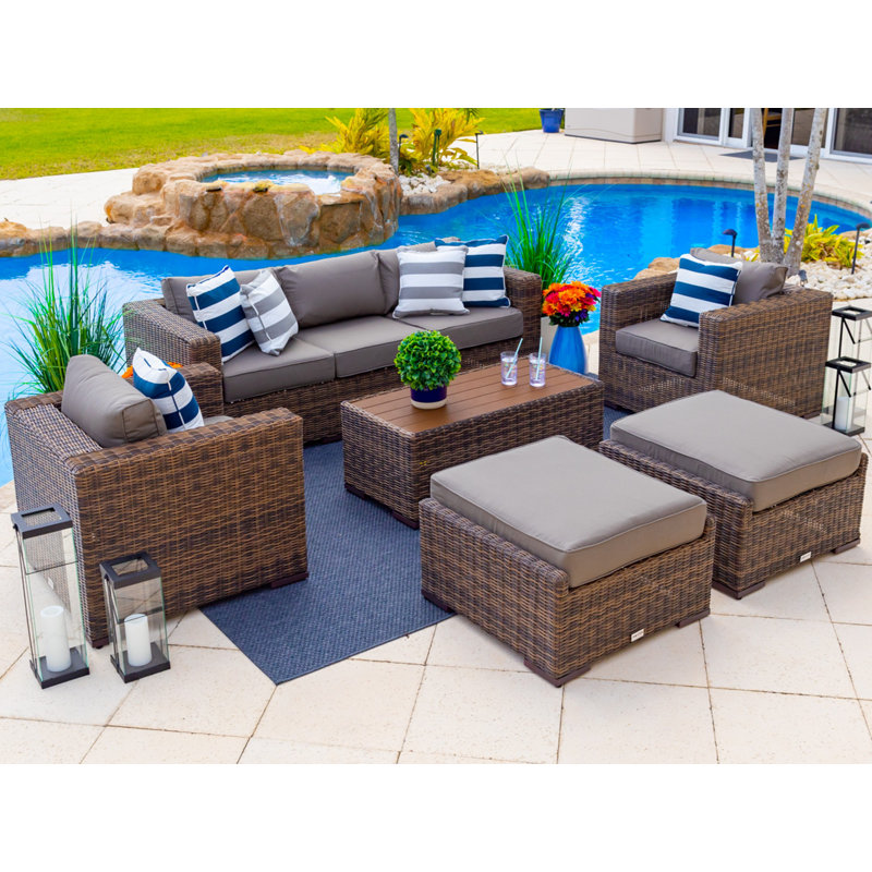 Ensemble de conversation en osier / rotin pour 7 personnes avec coussins Centralmont, Gris anthracite
