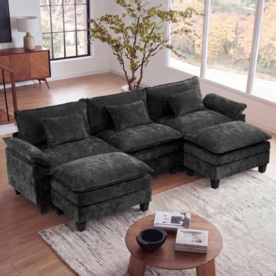118" Modular Sectional Sofa With Storage, U Shaped Comfy Cloud Couch With Ottoman & Throw Pillows, Chenille Deep Seat Sleeper Sectional Couches For Living Room, Bedroom