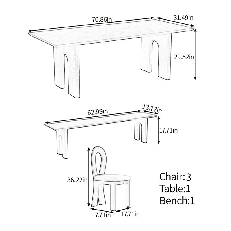 Urban texture solid wood dining table set, 29.52"H x 70.86"L x 31.49"W