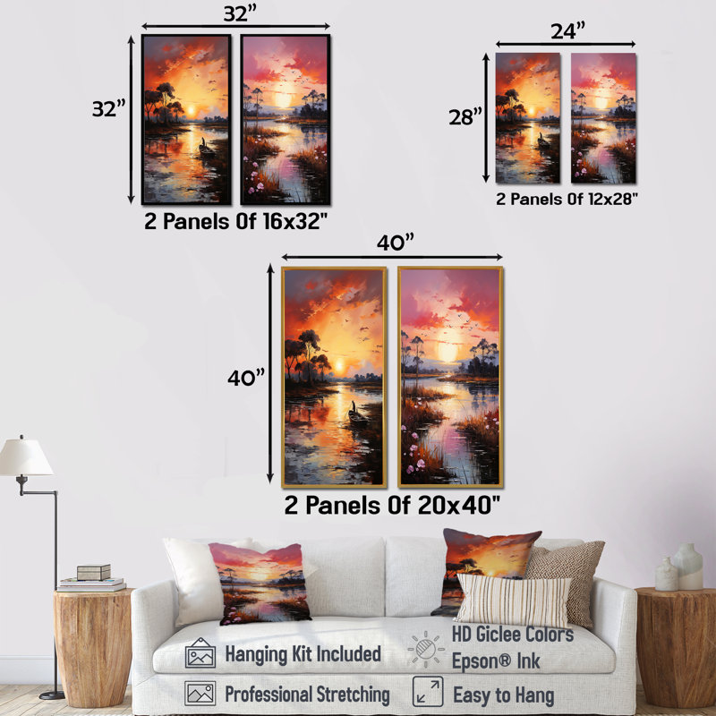 «Lakeside Sunrise Tranquility - Lake River», ensemble de 2 reproductions d'art sur toile, Toile tendue, H 28 po x l 25 po