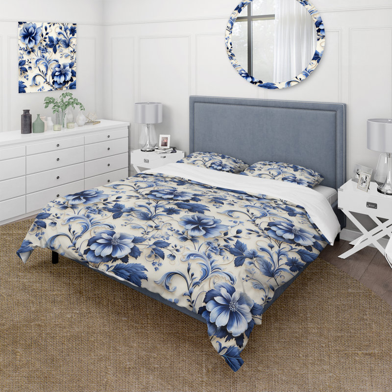 Ensemble de housse de couette motif ornemental bleu frise victorienne, Housse de couette simple + 1 taie décorative stan