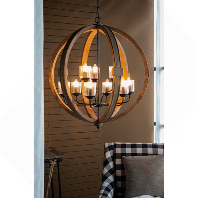 Lustre en forme de globe à 9 lumières, lustre en bois avec chaîne réglable pour le vestibule de la salle à manger de la cuisine, ampoule non incluse