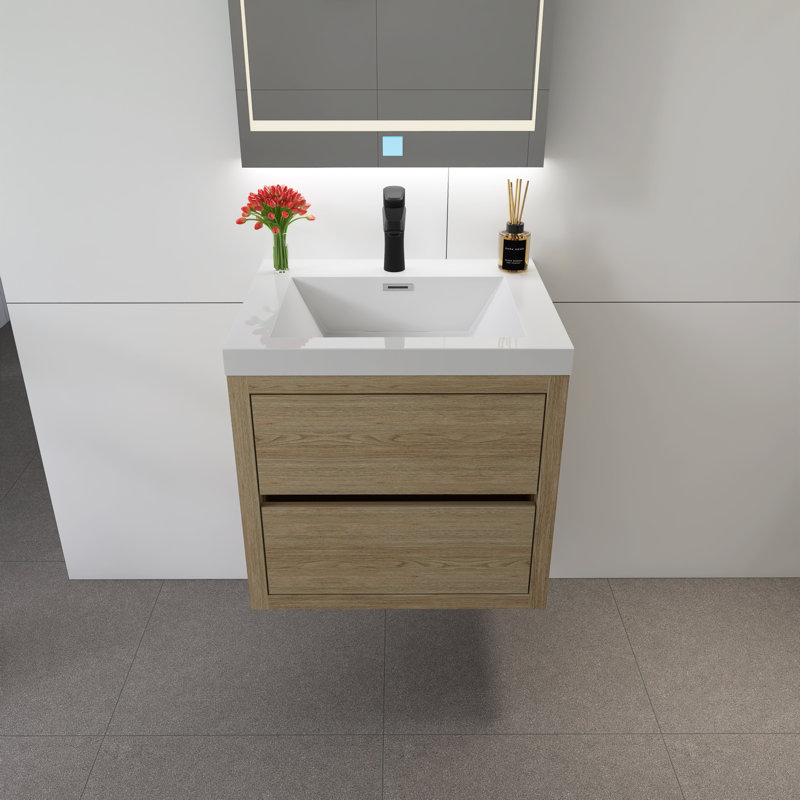 Meuble-lavabo mural 24 po avec lavabo, Chêne, bois naturel