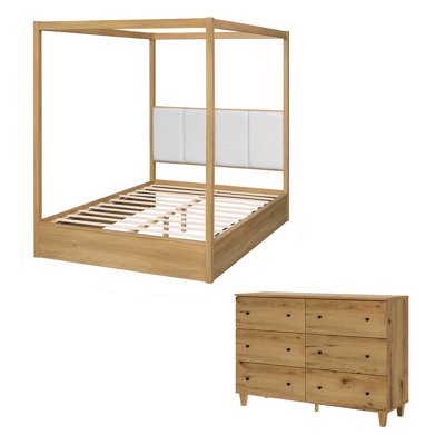 Ensemble de chambre à coucher, grand lit à baldaquin en bois massif et commode à 6 tiroirs